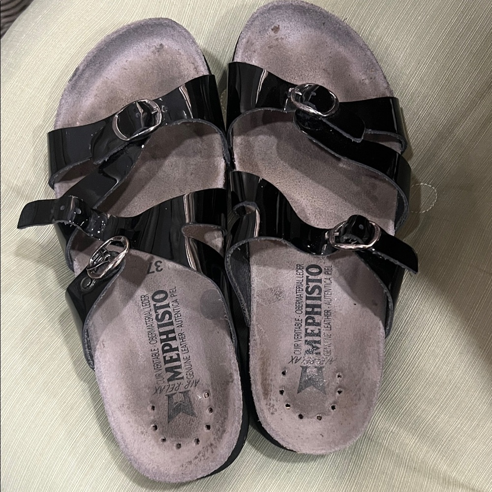 Mephisto Black Patent Triple Buckle Comfort Sandals